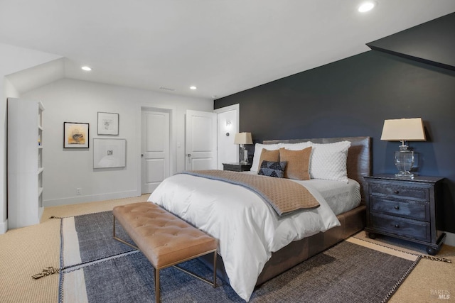 1071 Bale Ln, Calistoga, CA 94515 - bedroom featuring vaulted ceiling, light carpet, baseboards, and recessed lighting