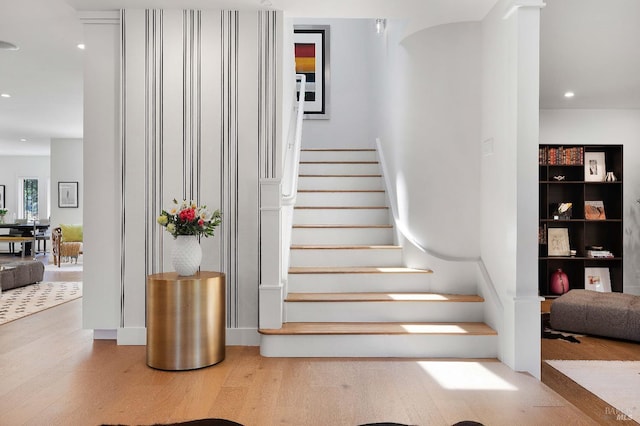 1071 Bale Ln, Calistoga, CA 94515 - staircase with wood finished floors and recessed lighting