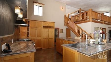 kitchen featuring a sink, finished concrete floors, a center island with sink, ventilation hood, and a high ceiling