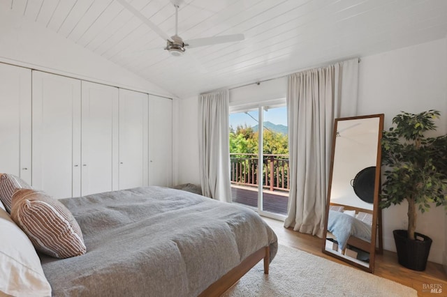 271 Via La Paz Rd, Greenbrae, CA 94904 - bedroom with a closet, wood finished floors, vaulted ceiling, a ceiling fan, and access to outside