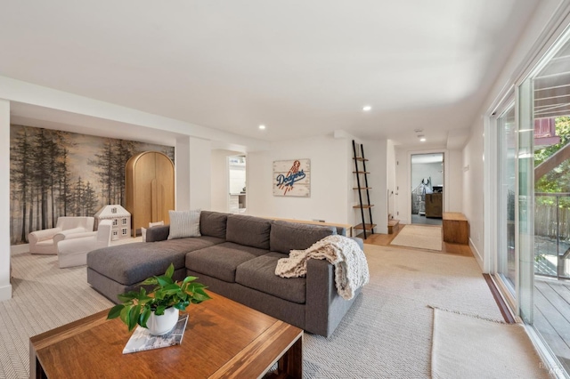 271 Via La Paz Rd, Greenbrae, CA 94904 - living area with arched walkways, a wealth of natural light, recessed lighting, and light colored carpet