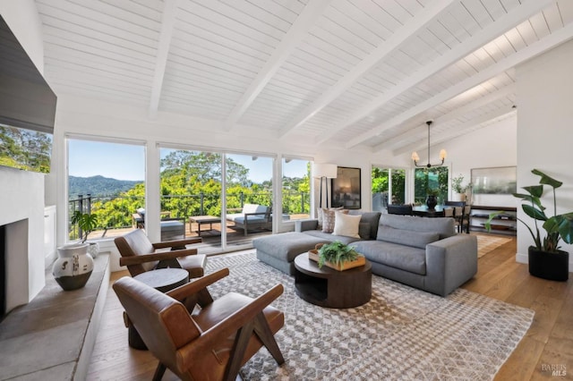 271 Via La Paz Rd, Greenbrae, CA 94904 - sunroom featuring an inviting chandelier, beamed ceiling, and a mountain view