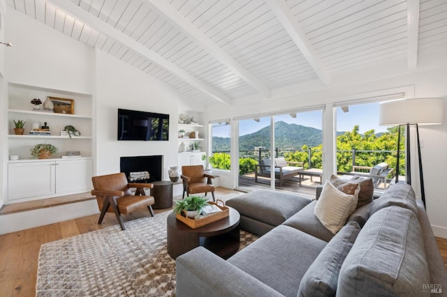 271 Via La Paz Rd, Greenbrae, CA 94904 - living area featuring wood finished floors, a fireplace with raised hearth, built in shelves, wooden ceiling, and vaulted ceiling with beams