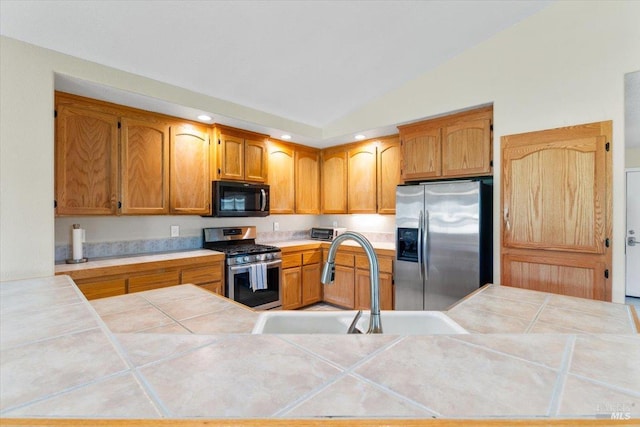 19475 Old Creek Rd, Hidden Valley Lake, CA 95467 - kitchen featuring appliances with stainless steel finishes, a sink, tile countertops, recessed lighting, and lofted ceiling