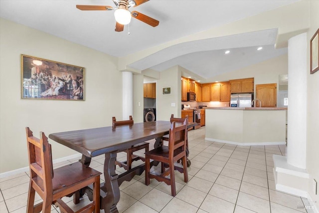 19475 Old Creek Rd, Hidden Valley Lake, CA 95467 - dining area with washer / clothes dryer, light tile patterned floors, a ceiling fan, lofted ceiling, and recessed lighting