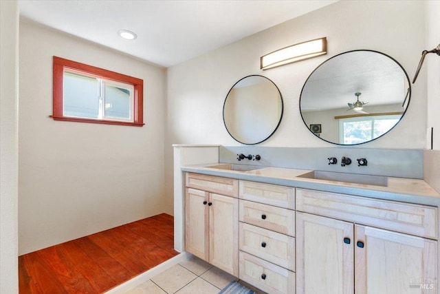 19475 Old Creek Rd, Hidden Valley Lake, CA 95467 - full bathroom with double vanity, tile patterned flooring, and a ceiling fan