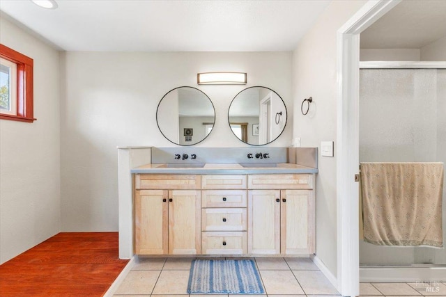 19475 Old Creek Rd, Hidden Valley Lake, CA 95467 - bathroom with tile patterned floors, double vanity, and a shower with shower door