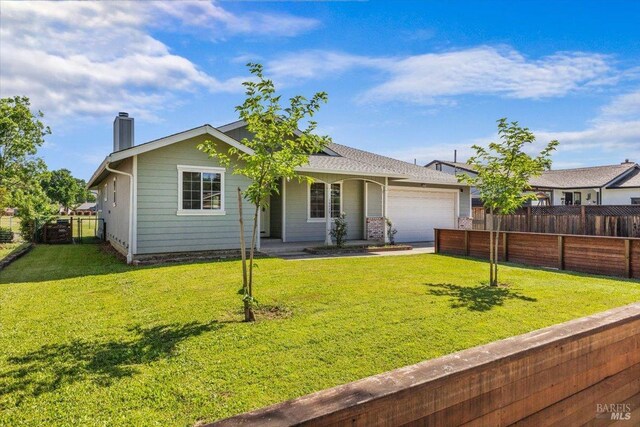 19475 Old Creek Rd, Hidden Valley Lake, CA 95467 - ranch-style home with a chimney, an attached garage, and covered porch