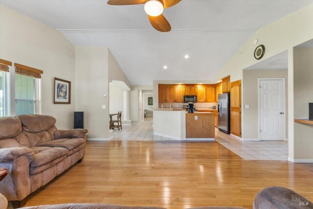 19475 Old Creek Rd, Hidden Valley Lake, CA 95467 - living area with light wood-style flooring, ceiling fan, high vaulted ceiling, baseboards, and recessed lighting