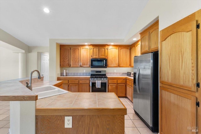 19475 Old Creek Rd, Hidden Valley Lake, CA 95467 - kitchen with stainless steel appliances, light tile patterned floors, a sink, tile countertops, and recessed lighting