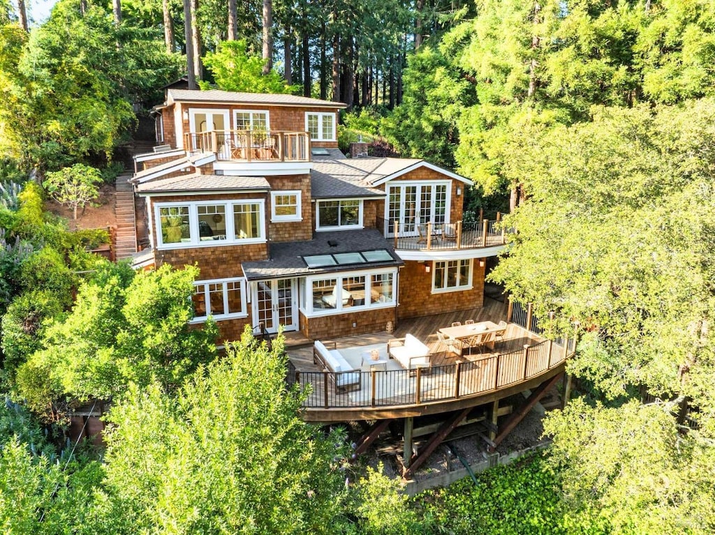 34 Renz Rd, Mill Valley, CA 94941 - back of house featuring a wooden deck, french doors, and a balcony