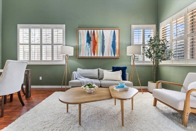 living area with a towering ceiling and wood finished floors