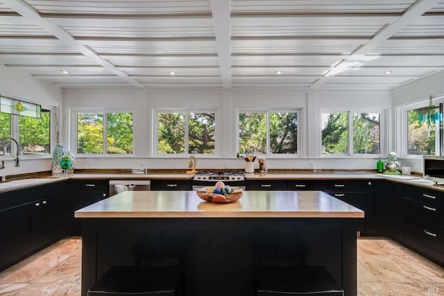 kitchen featuring dark cabinets, appliances with stainless steel finishes, a sink, and butcher block countertops