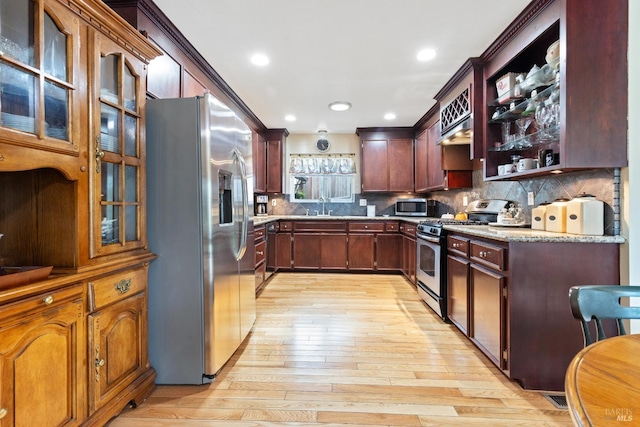 824 W St, Petaluma, CA 94952 - kitchen featuring appliances with stainless steel finishes, light wood finished floors, a sink, backsplash, and glass insert cabinets