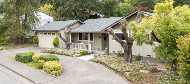 824 W St, Petaluma, CA 94952 - ranch-style home with covered porch, driveway, board and batten siding, and a garage