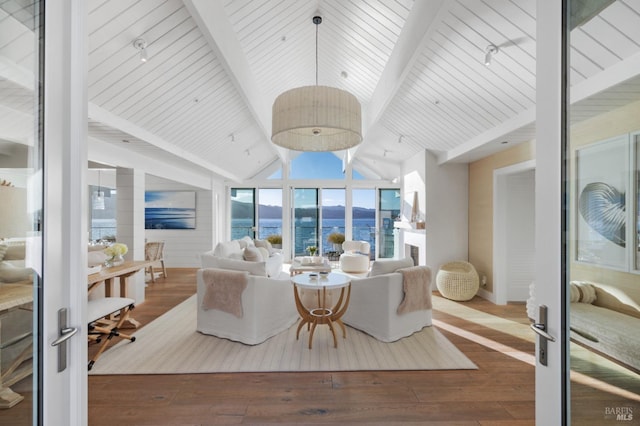27 W Shore Rd, Belvedere, CA 94920 - living room featuring a water view, wooden ceiling, and wood-type flooring