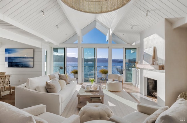 27 W Shore Rd, Belvedere, CA 94920 - living area featuring wood finished floors, a fireplace, and a water and mountain view