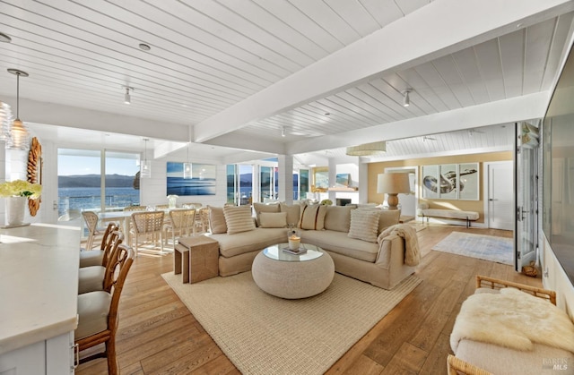 27 W Shore Rd, Belvedere, CA 94920 - living area with beam ceiling, hardwood / wood-style floors, track lighting, and a water view