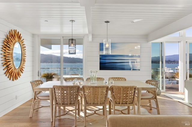 27 W Shore Rd, Belvedere, CA 94920 - dining space with plenty of natural light, wood finished floors, a mountain view, a wall of windows, and wood walls