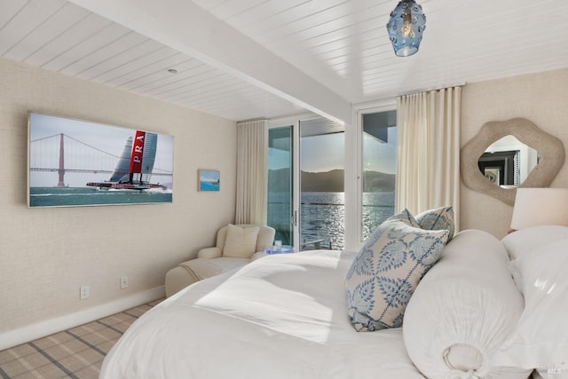 27 W Shore Rd, Belvedere, CA 94920 - bedroom featuring access to outside, baseboards, and beamed ceiling