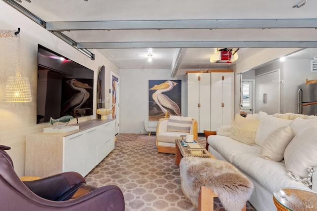 27 W Shore Rd, Belvedere, CA 94920 - living area featuring beamed ceiling and a garage