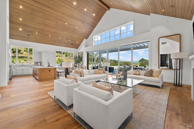 2509 Madrona Ave, Saint Helena, CA 94574 - living room with a wealth of natural light, light wood finished floors, high vaulted ceiling, and wood ceiling
