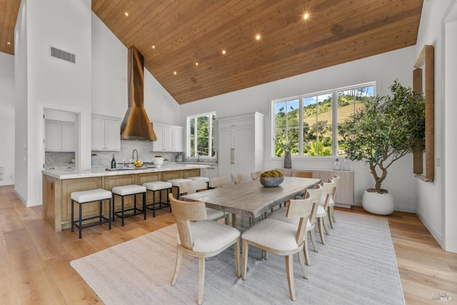 2509 Madrona Ave, Saint Helena, CA 94574 - dining area with wood ceiling, high vaulted ceiling, visible vents, and light wood-style floors