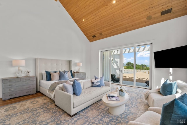 2509 Madrona Ave, Saint Helena, CA 94574 - bedroom featuring wood ceiling, wood finished floors, high vaulted ceiling, visible vents, and access to outside