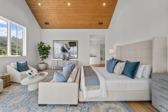2509 Madrona Ave, Saint Helena, CA 94574 - bedroom featuring recessed lighting, wooden ceiling, visible vents, high vaulted ceiling, and wood finished floors