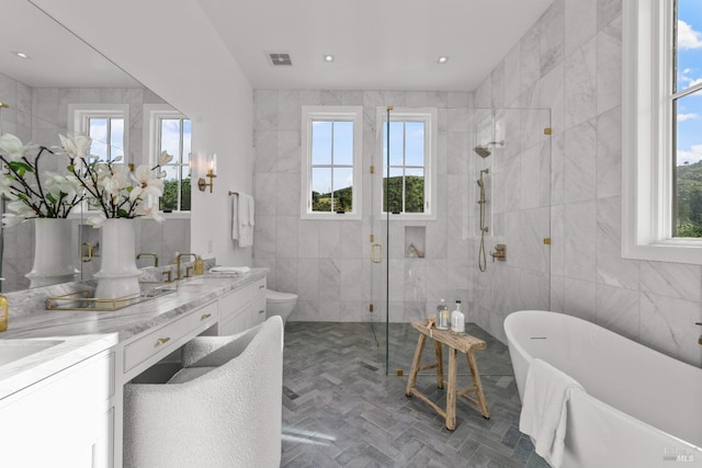 2509 Madrona Ave, Saint Helena, CA 94574 - bathroom with a stall shower, tile walls, a wealth of natural light, and visible vents