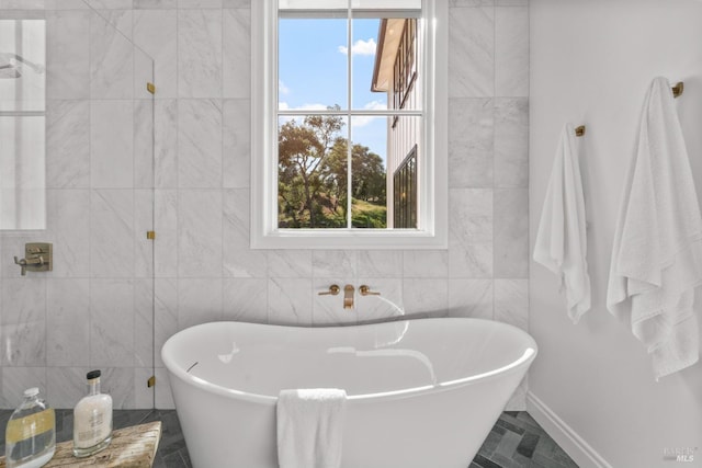 2509 Madrona Ave, Saint Helena, CA 94574 - bathroom with a tile shower, tile walls, and a freestanding bath