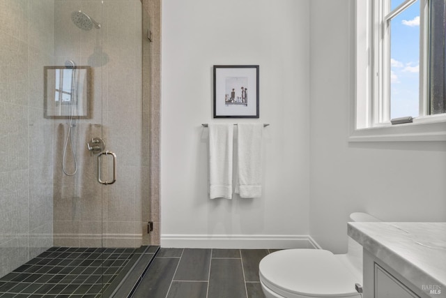 2509 Madrona Ave, Saint Helena, CA 94574 - bathroom featuring a stall shower, baseboards, vanity, and toilet