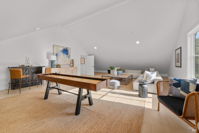 2509 Madrona Ave, Saint Helena, CA 94574 - playroom featuring recessed lighting, light tile patterned floors, baseboards, and vaulted ceiling with beams