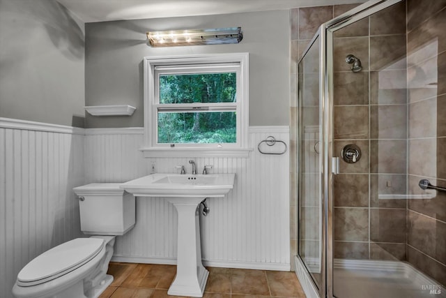 3257 State Highway 128, Calistoga, CA 94515 - full bathroom featuring a shower stall, a wainscoted wall, toilet, tile patterned floors, and a sink