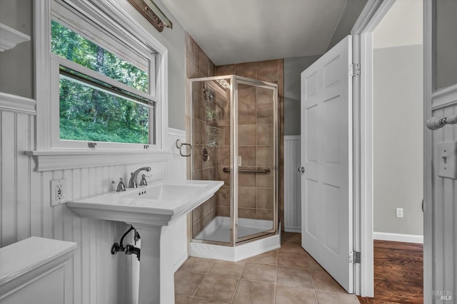 3257 State Highway 128, Calistoga, CA 94515 - bathroom with a stall shower, tile patterned floors, and wainscoting