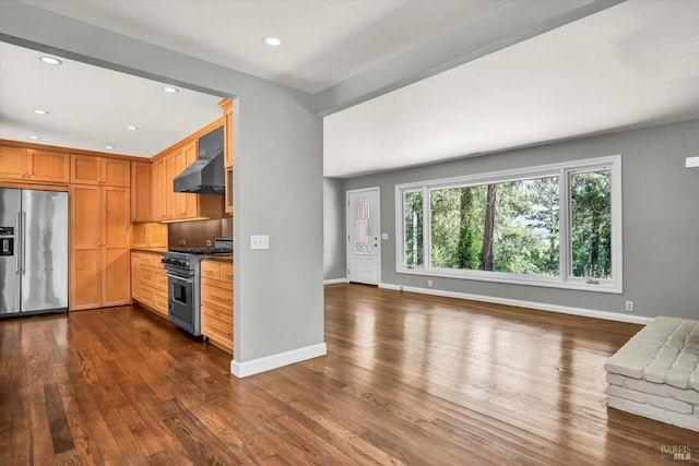 3257 State Highway 128, Calistoga, CA 94515 - kitchen featuring premium appliances, wall chimney exhaust hood, dark wood-type flooring, baseboards, and recessed lighting