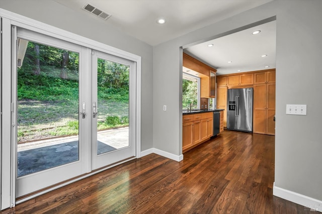 3257 State Highway 128, Calistoga, CA 94515 - kitchen featuring high quality fridge, dark countertops, dark wood finished floors, dishwasher, and baseboards