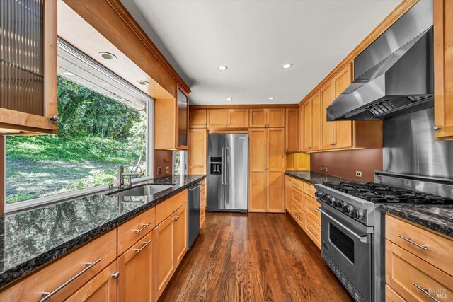 3257 State Highway 128, Calistoga, CA 94515 - kitchen featuring premium appliances, a sink, wall chimney range hood, healthy amount of natural light, and recessed lighting