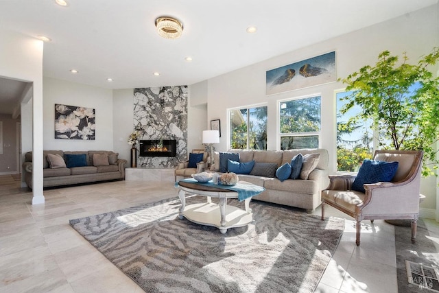 3580 Star Ridge Rd, Hayward, CA 94542 - living room featuring visible vents, a premium fireplace, and recessed lighting