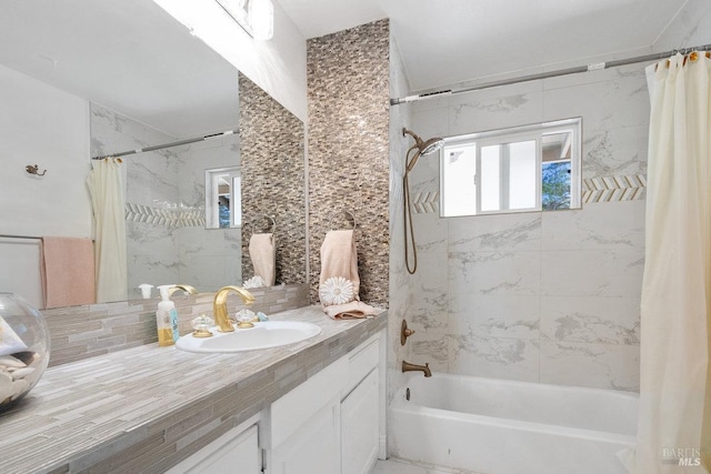 3580 Star Ridge Rd, Hayward, CA 94542 - full bathroom with vanity, decorative backsplash, and shower / bath combination with curtain