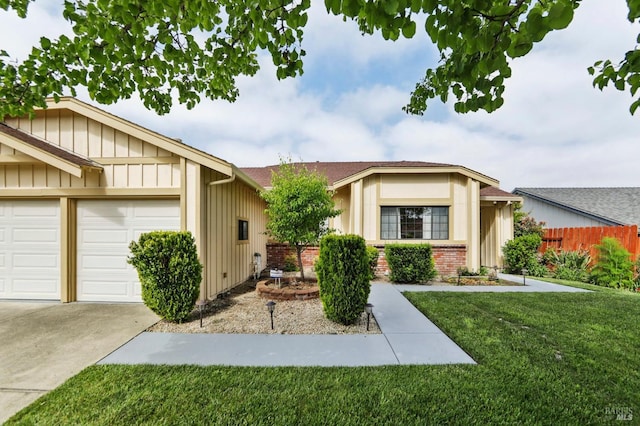 151 Doncaster Dr, Vallejo, CA 94591 - ranch-style house featuring a garage, fence, a front lawn, brick siding, and driveway