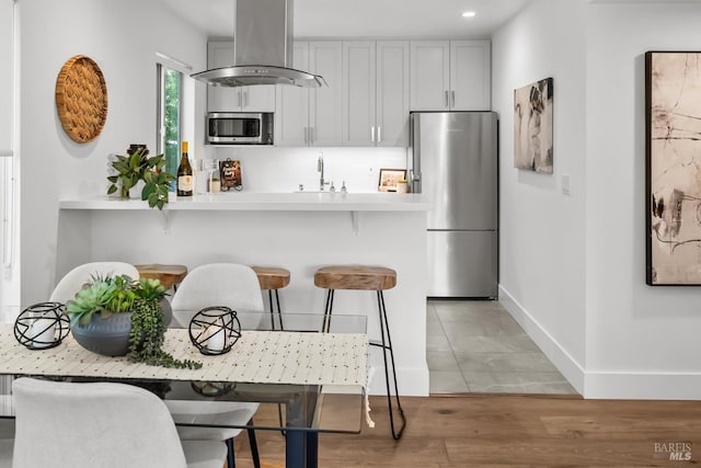 kitchen featuring a breakfast bar area, island exhaust hood, a sink, stainless steel appliances, and light countertops