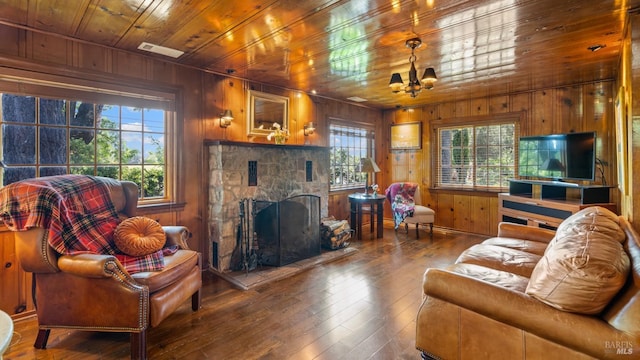 2267 Westside Rd, Healdsburg, CA 95448 - living room featuring wood walls, plenty of natural light, wood-type flooring, a stone fireplace, and wood ceiling