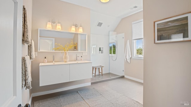 643 3rd St, Napa, CA 94559 - full bath featuring a sink, double vanity, a walk in shower, and visible vents