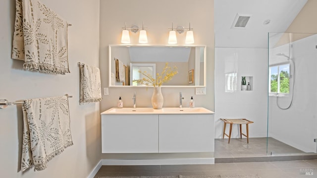 643 3rd St, Napa, CA 94559 - bathroom with baseboards, visible vents, a sink, a walk in shower, and double vanity