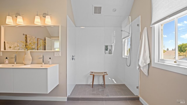 643 3rd St, Napa, CA 94559 - bathroom with double vanity, a sink, tile patterned floors, visible vents, and walk in shower