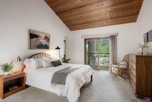 bedroom with wood ceiling, access to outside, high vaulted ceiling, and carpet
