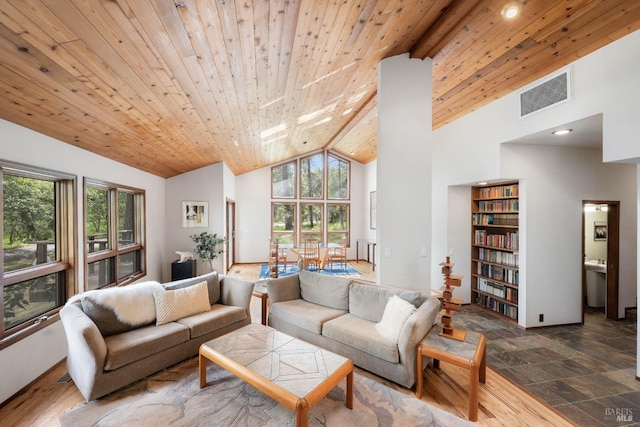 living room featuring a healthy amount of sunlight, wood ceiling, high vaulted ceiling, and visible vents
