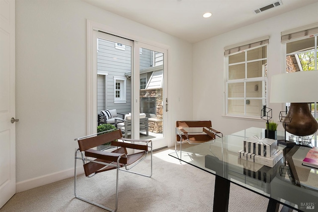 office area featuring carpet, visible vents, baseboards, and recessed lighting
