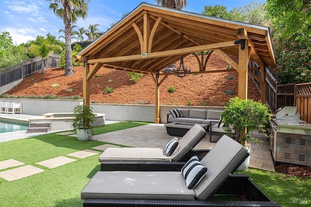 view of patio with outdoor lounge area, a gazebo, a fenced in pool, and a fenced backyard